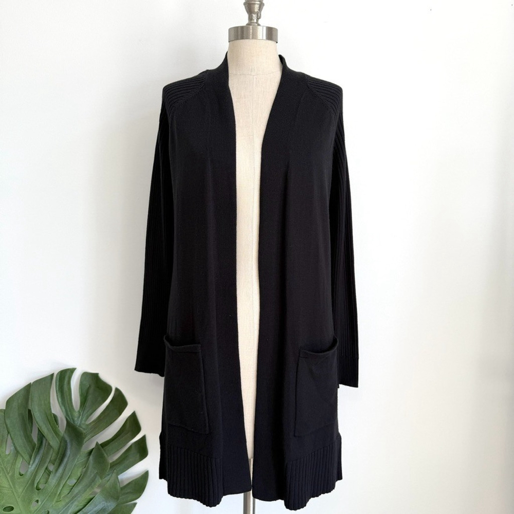 Greige Open Front Knit Cardigan Women's Small Black Longline Lightweight